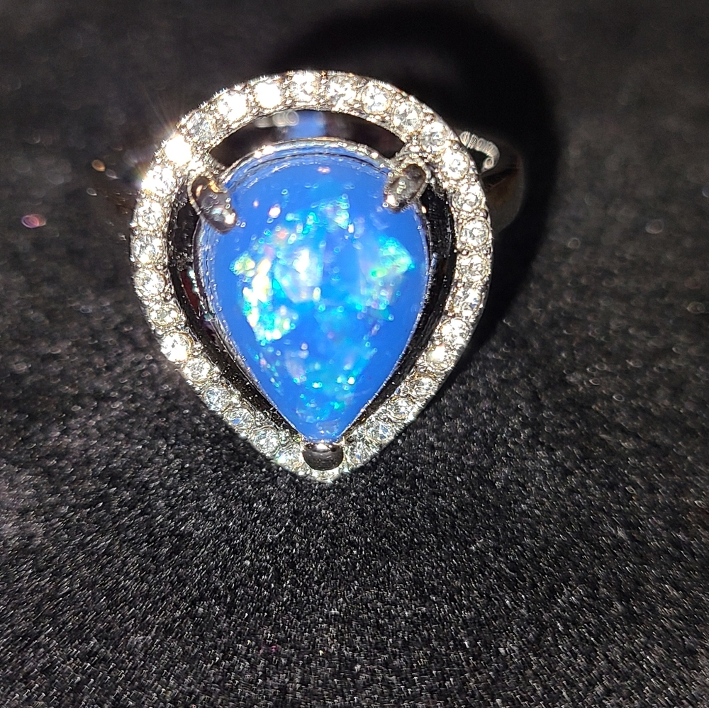 925 Sterling Silver Fire Opal and CZ Ring